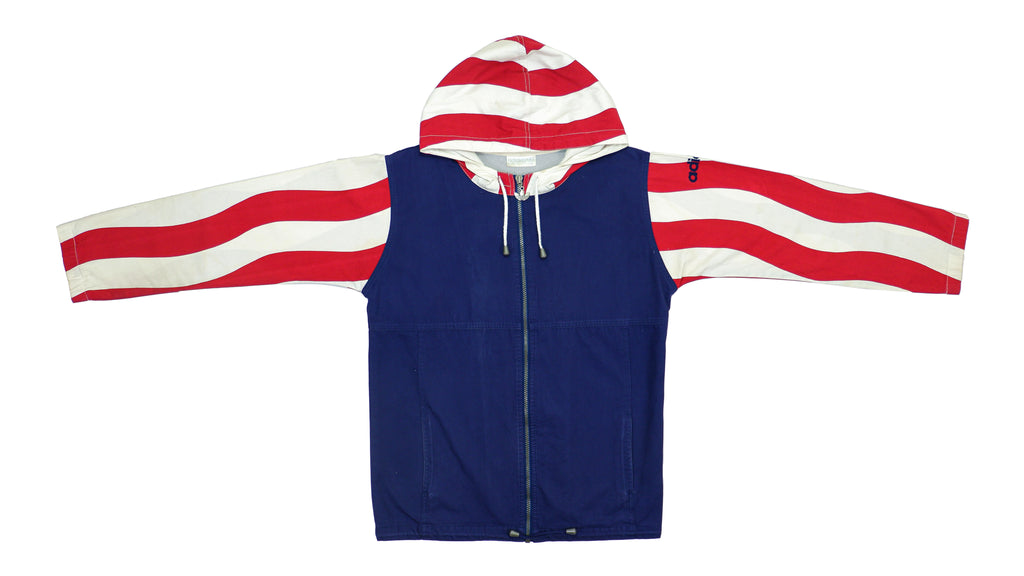 Vintage Adidas Blue with White and Red Hooded Jacket 1990s Medium Vintage Club Clothing