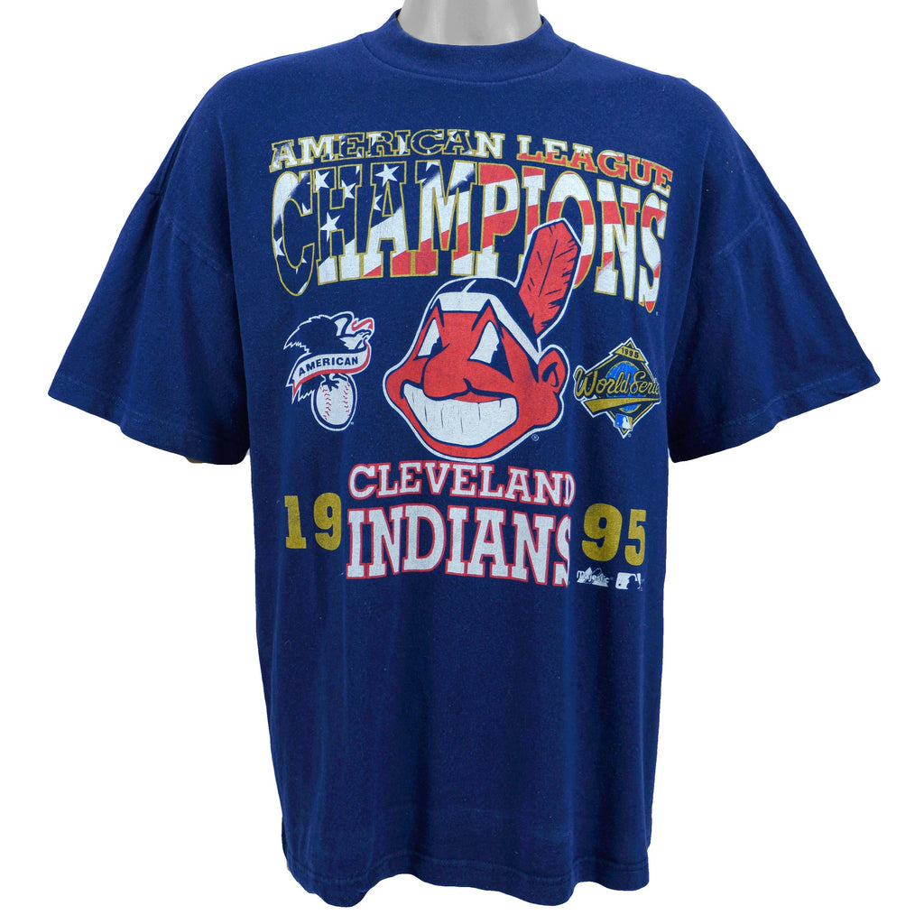 VINTAGE 1995 CLEVELAND INDIANS AMERICAN LEAGUE CHAMPIONS MAJESTIC T-SHIRT  SIZE L 