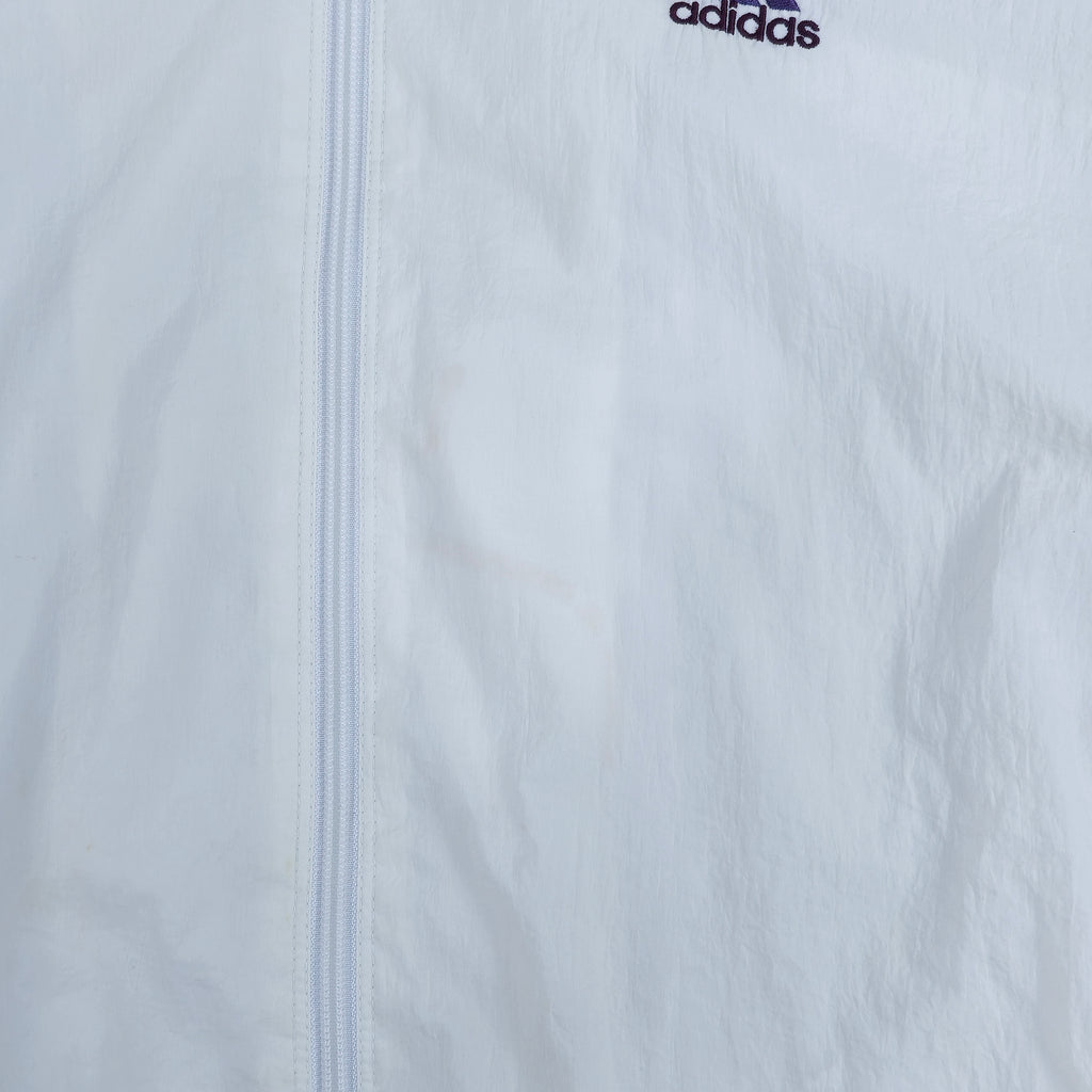 Adidas - White & Blue Embroidered Hooded Windbreaker 1990s Large