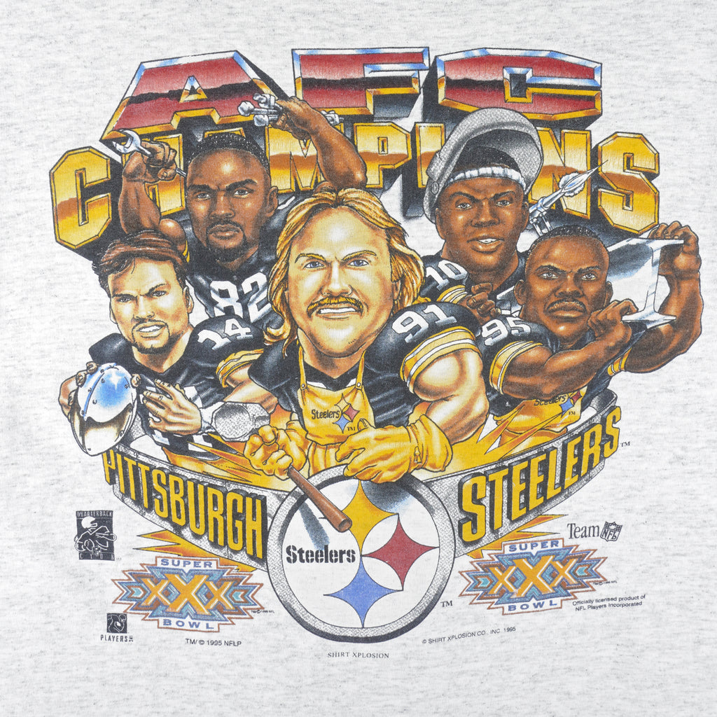 NFL (Delta) - Steelers AFC Champs Caricature Single Stitch T-Shirt 1995 Large Vintage Retro Football