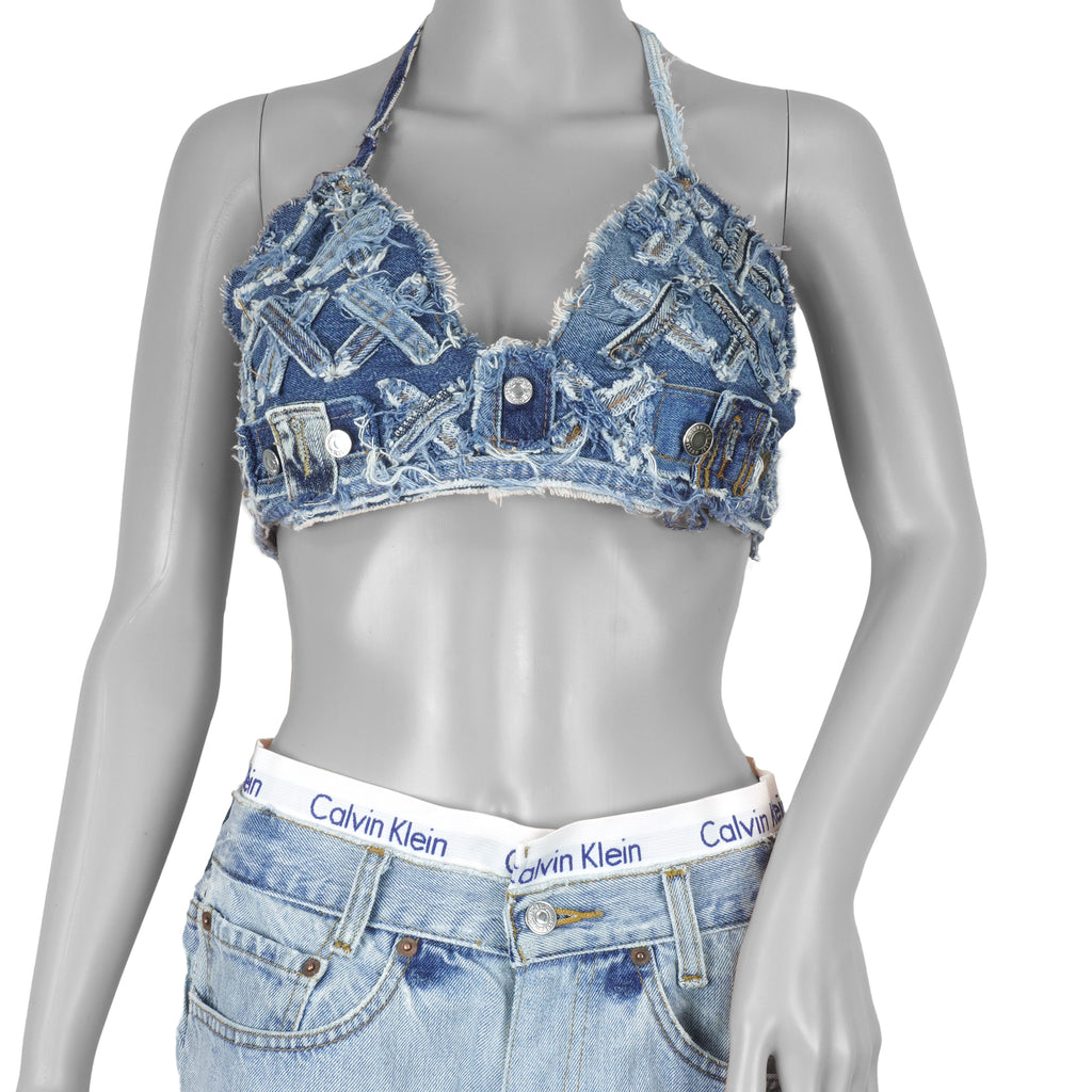 Reworked - Blue Denim Patchwork Bikini Top Womens Adjustable Vintage Retro