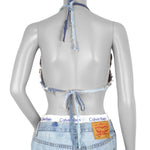 Reworked - Blue Denim Patchwork Bikini Top Womens Adjustable Vintage Retro