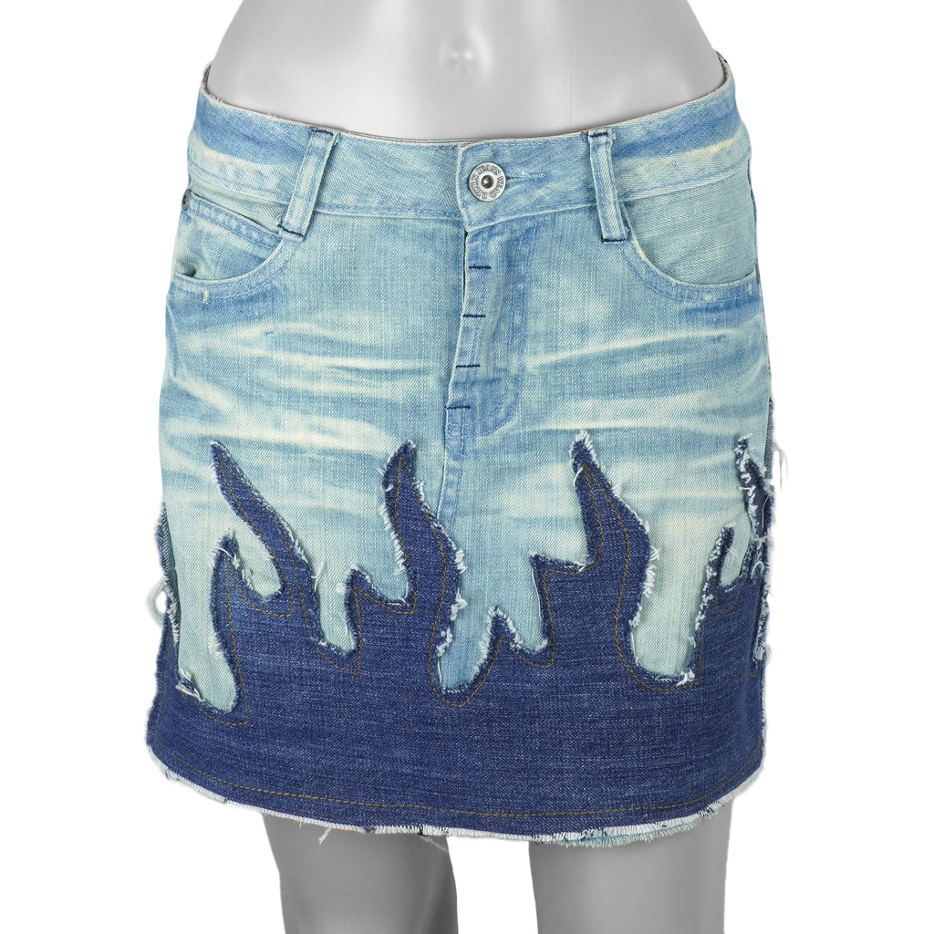 Reworked - Denim Flame Design Mini Skirt Womens Small