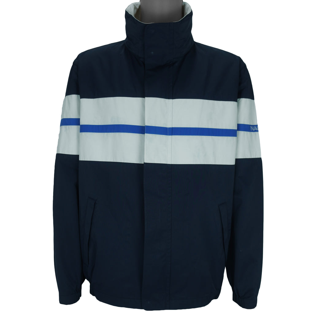 1990s vintage Nautica striped colorblock windbreaker. Navy blue with white and sky blue stripe in color, Large in size and is in excellent condition.