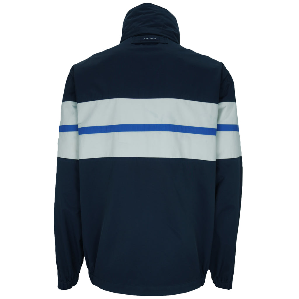 1990s vintage Nautica striped colorblock windbreaker. Navy blue with white and sky blue stripe in color, Large in size and is in excellent condition.