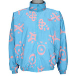 1990s vintage Reebok graffiti-patterned windbreaker. Baby blue in color with pink designs. Fitting Medium in size and in excellent condition.