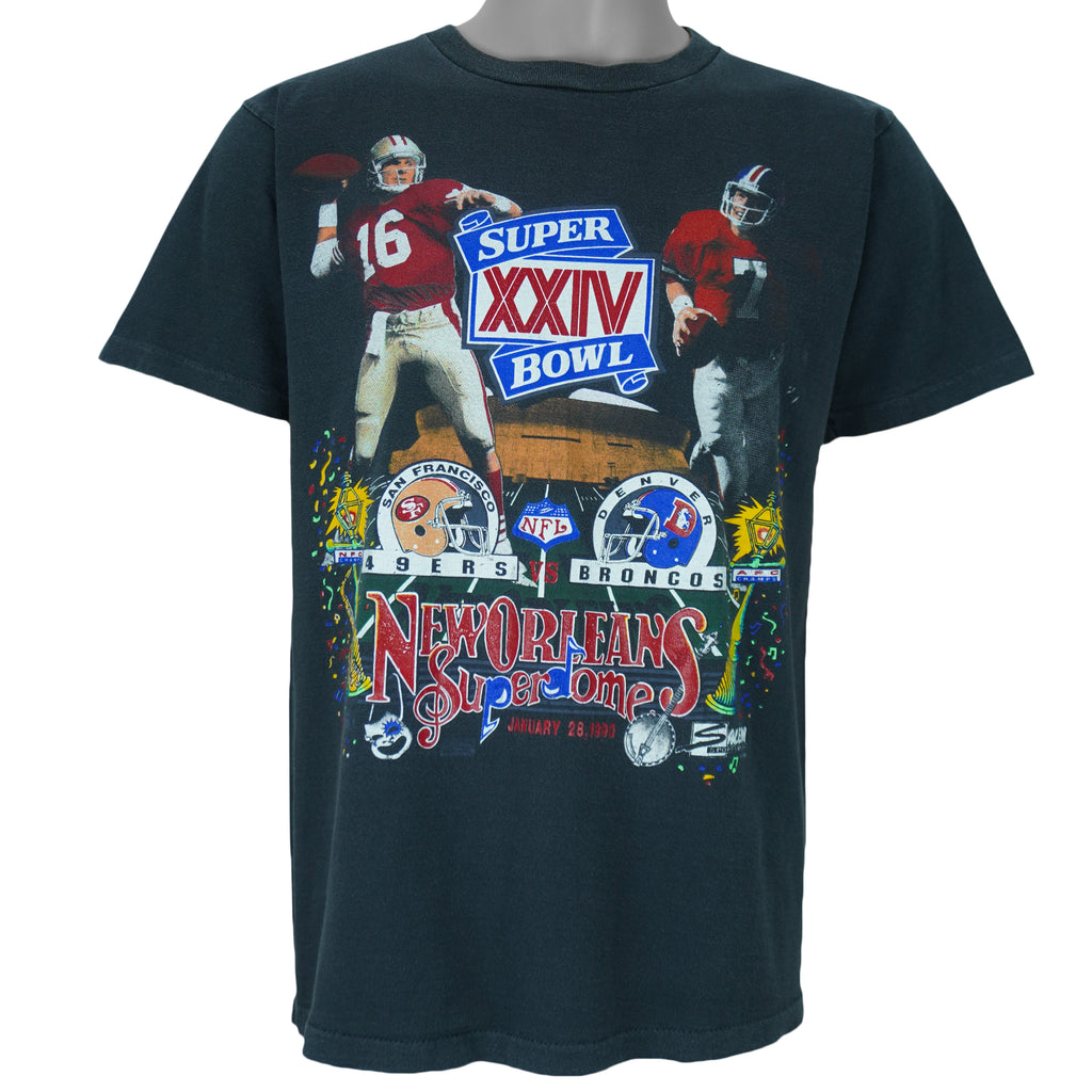 1990 Vintage NFL Super Bowl XXIV San Francisco 49ers Vs Denver Broncos at the New Orleans Superdome Single Stitch T-Shirt by Salem Sportswear. Black in color with Joe Montana and John Elway head-to-head, tag is Large but fits like a Medium and is in excellent condition.