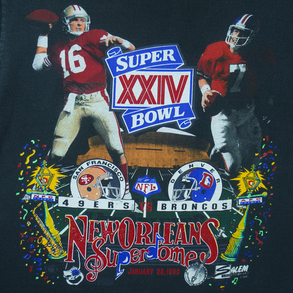 1990 Vintage NFL Super Bowl XXIV San Francisco 49ers Vs Denver Broncos at the New Orleans Superdome Single Stitch T-Shirt by Salem Sportswear. Black in color with Joe Montana and John Elway head-to-head, tag is Large but fits like a Medium and is in excellent condition.