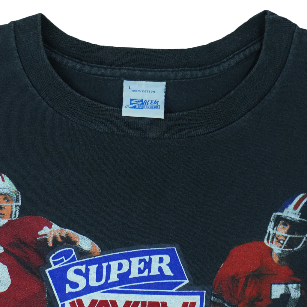 1990 Vintage NFL Super Bowl XXIV San Francisco 49ers Vs Denver Broncos at the New Orleans Superdome Single Stitch T-Shirt by Salem Sportswear. Black in color with Joe Montana and John Elway head-to-head, tag is Large but fits like a Medium and is in excellent condition.