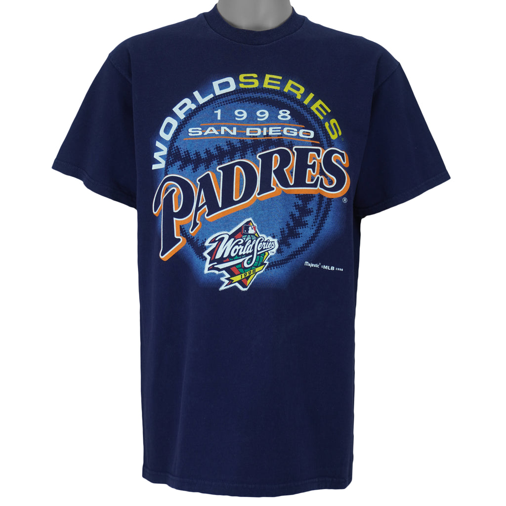 1998 vintage MLB San Diego Padres World Series print on Delta T-Shirt. Blue in color with big spell-out and baseball graphic by Majestic, Large in size and is in excellent condition.