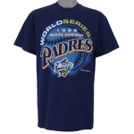 1998 vintage MLB San Diego Padres World Series print on Delta T-Shirt. Blue in color with big spell-out and baseball graphic by Majestic, Large in size and is in excellent condition.