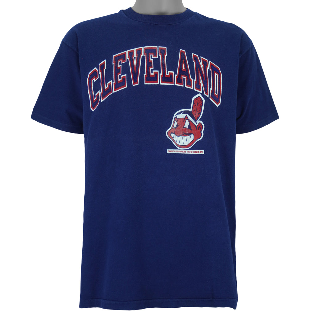 1988 vintage MLB Cleveland Indians spell-out printed T-Shirt by Champion Products. Blue in color with logo on front. Fits Large in size and is in excellent condition.