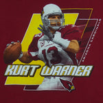 2000s vintage NFL Arizona Cardinals spell-out Kurt Warner T-Shirt by NFL Team Apparel. Red in color with player image on front, Large in size and is in excellent condition.