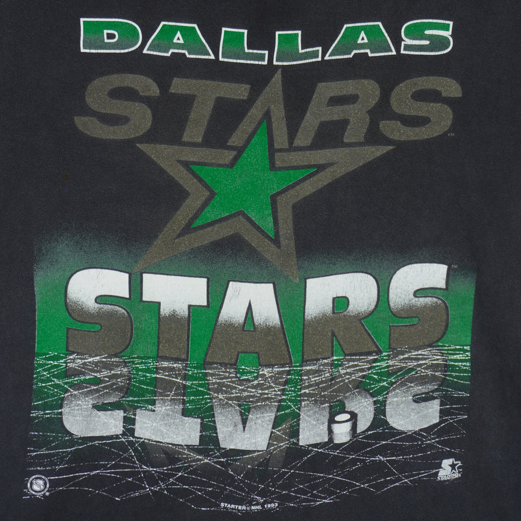 NHL (Starter) - Black Dallas Stars Single Stitch T-Shirt 1993 Large Vintage Retro Hockey