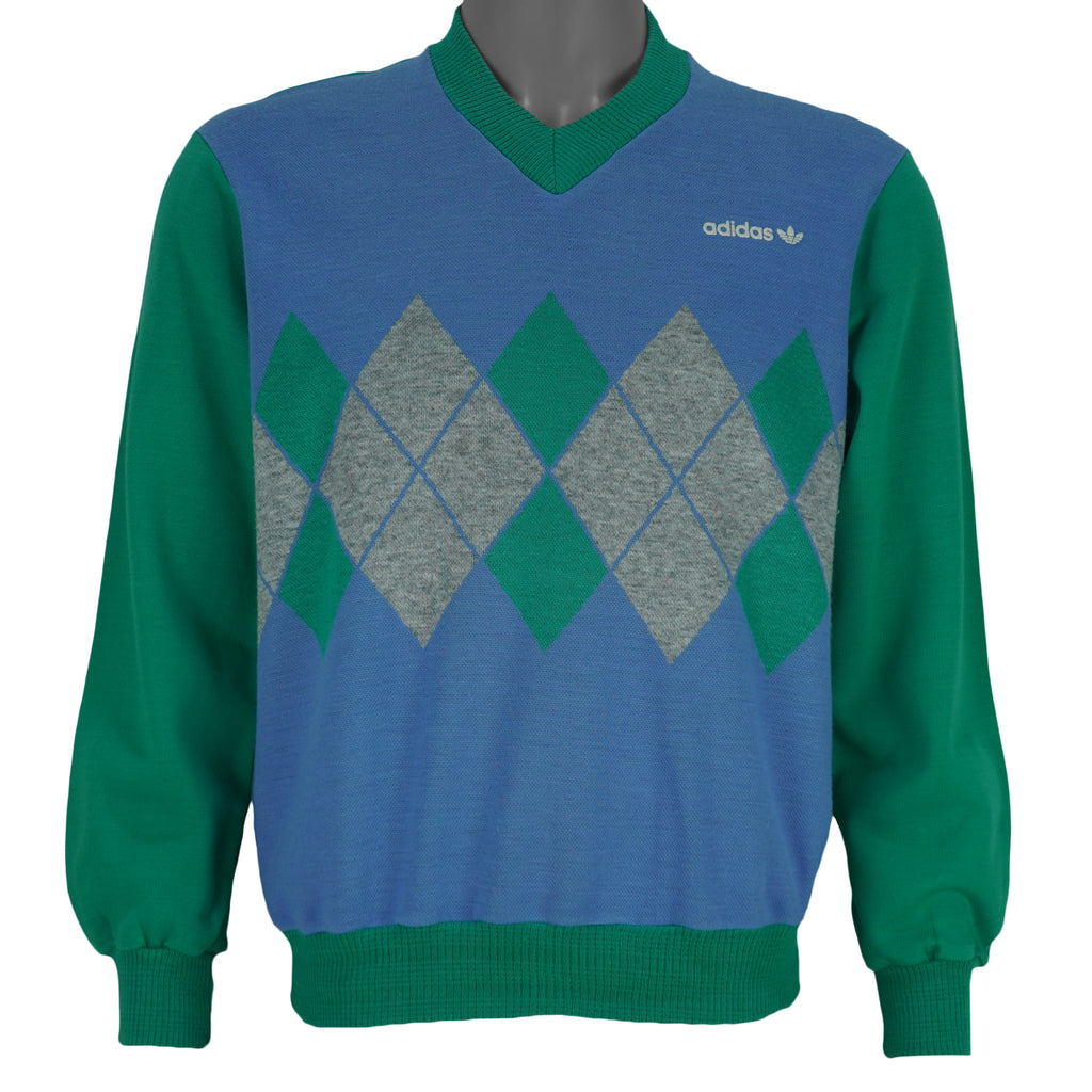 Adidas - Green and blue Colorblock Crew Neck Sweatshirt 1990s Small Vintage Retro