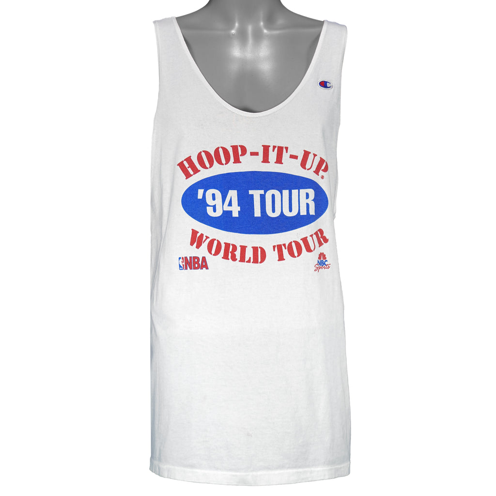 1994 vintage Cleveland Cavaliers Hoop-It-Up NBA World Tour tank top by Champion. White in color with large spell-out on front and sponsors graphic on back, tagged sized X-Large and is in excellent condition.