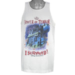 Vintage Walt Disney World "I Survived!" The Twilight Zone Tower of Terror sleeveless shirt. White in color with big printed graphic of The Hollywood Tower Hotel, tagged size X-Large, and is in good condition.