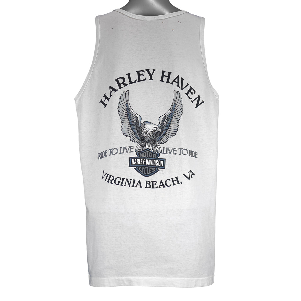 2000s vintage Harley Davidson Motorcycles Virginia Beach sleeveless shirt. White in color with printed Harley logo on front and back, fits size Large, and is in good condition.