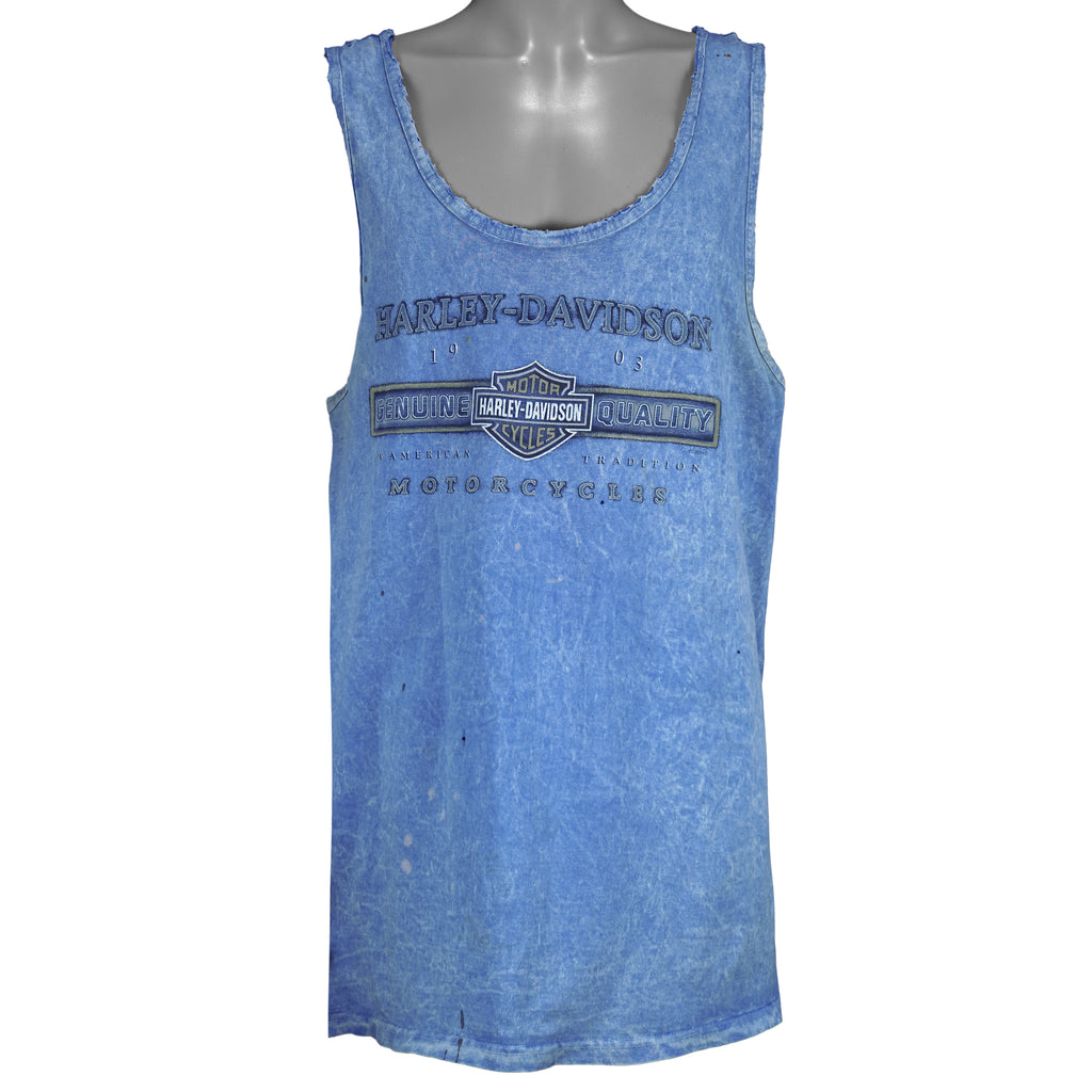 2000s vintage Harley Davidson Motorcycles Chandler Arizona tank top. Blue in color with printed Harley logo on front and back, tagged size X-Large, and is in good condition.