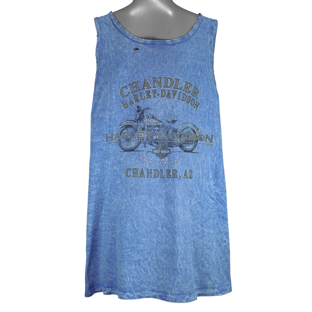 2000s vintage Harley Davidson Motorcycles Chandler Arizona tank top. Blue in color with printed Harley logo on front and back, tagged size X-Large, and is in good condition.