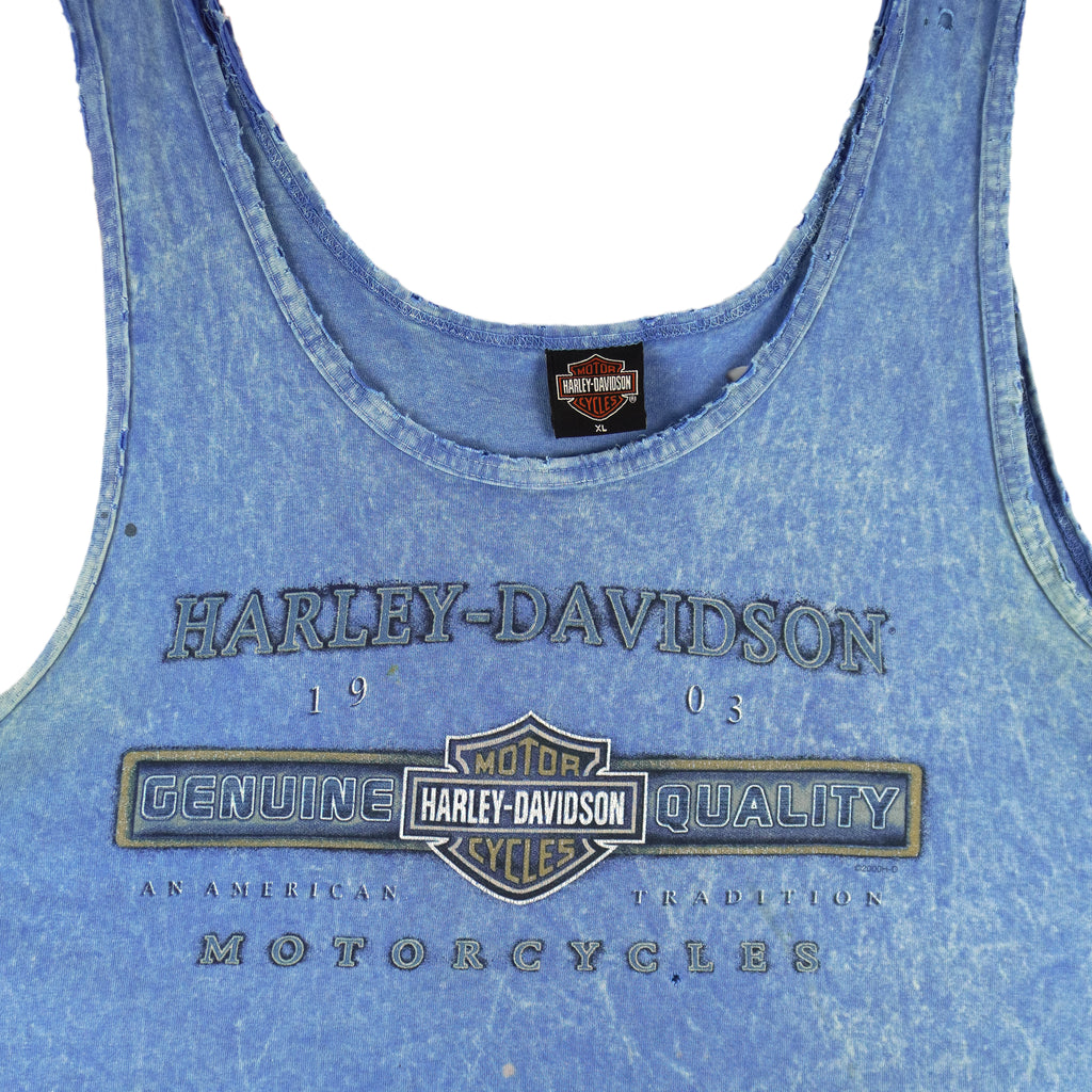 2000s vintage Harley Davidson Motorcycles Chandler Arizona tank top. Blue in color with printed Harley logo on front and back, tagged size X-Large, and is in good condition.