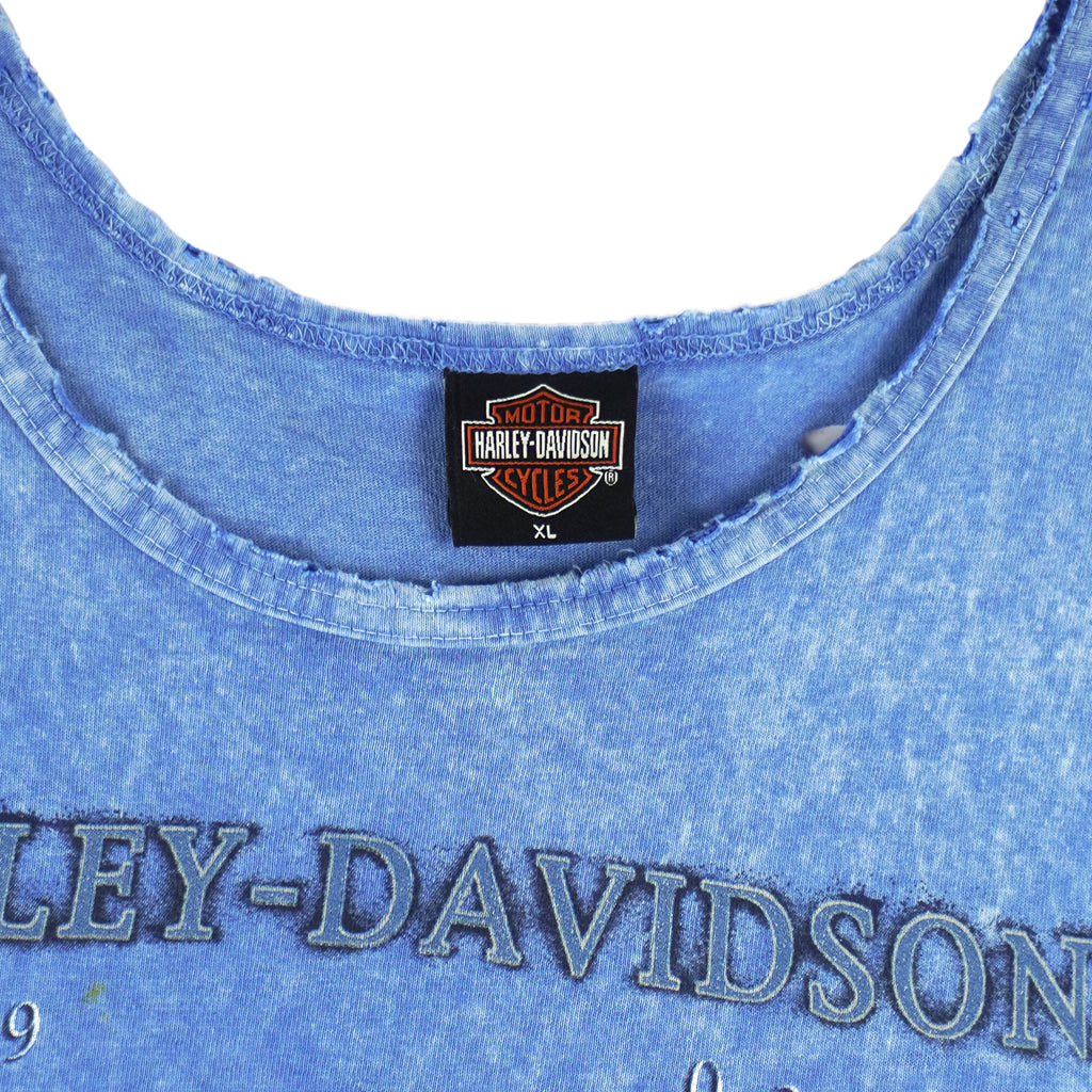 2000s vintage Harley Davidson Motorcycles Chandler Arizona tank top. Blue in color with printed Harley logo on front and back, tagged size X-Large, and is in good condition.