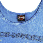 2000s vintage Harley Davidson Motorcycles Chandler Arizona tank top. Blue in color with printed Harley logo on front and back, tagged size X-Large, and is in good condition.