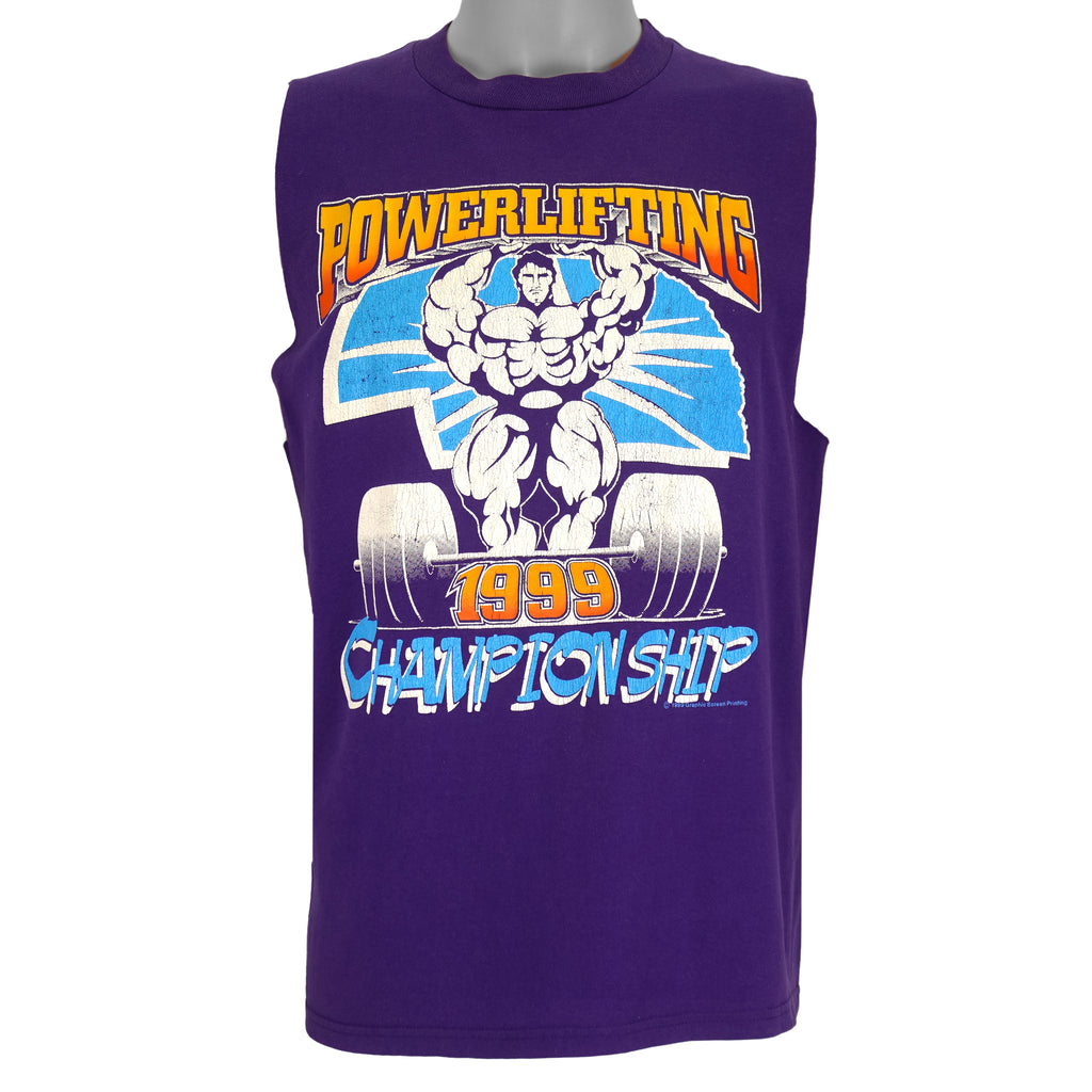 1999 vintage Powerlifting Championship sleeveless shirt by Graphic Screen Printing. Purple in color with large printed graphic on front, tagged size Medium, and is in excellent condition.