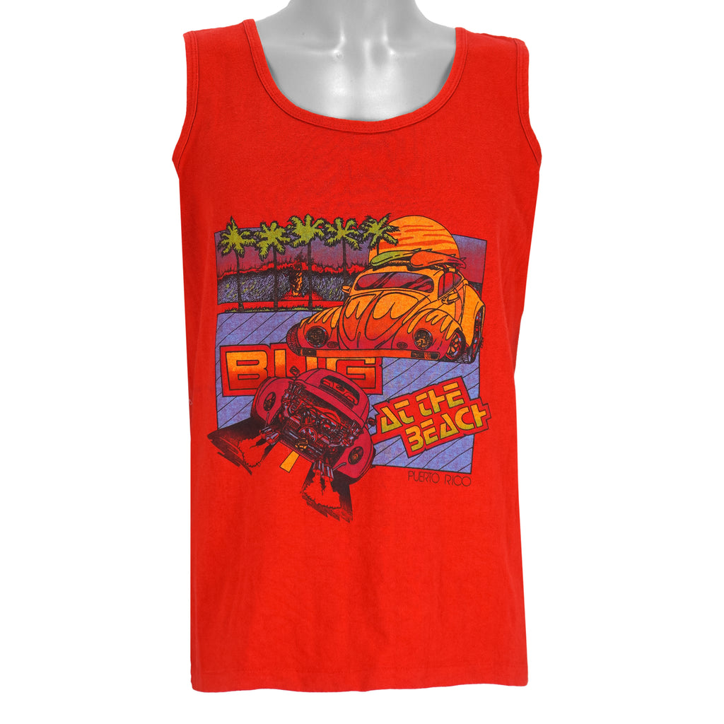 1990s vintage Bug at the Beach Puerto Rico tank top by America Project. Red in color with printed Volkswagen Beetles on front, tagged size X-Large, and is in excellent condition.