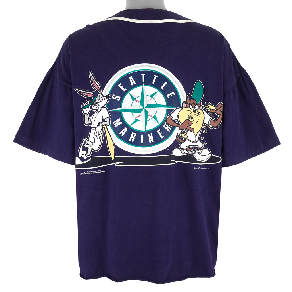 MLB (Sun) - Seattle Mariners x Bugs Bunny and Taz Button-Up Jersey T-Shirt 1996 X-Large Vintage Retro Baseball