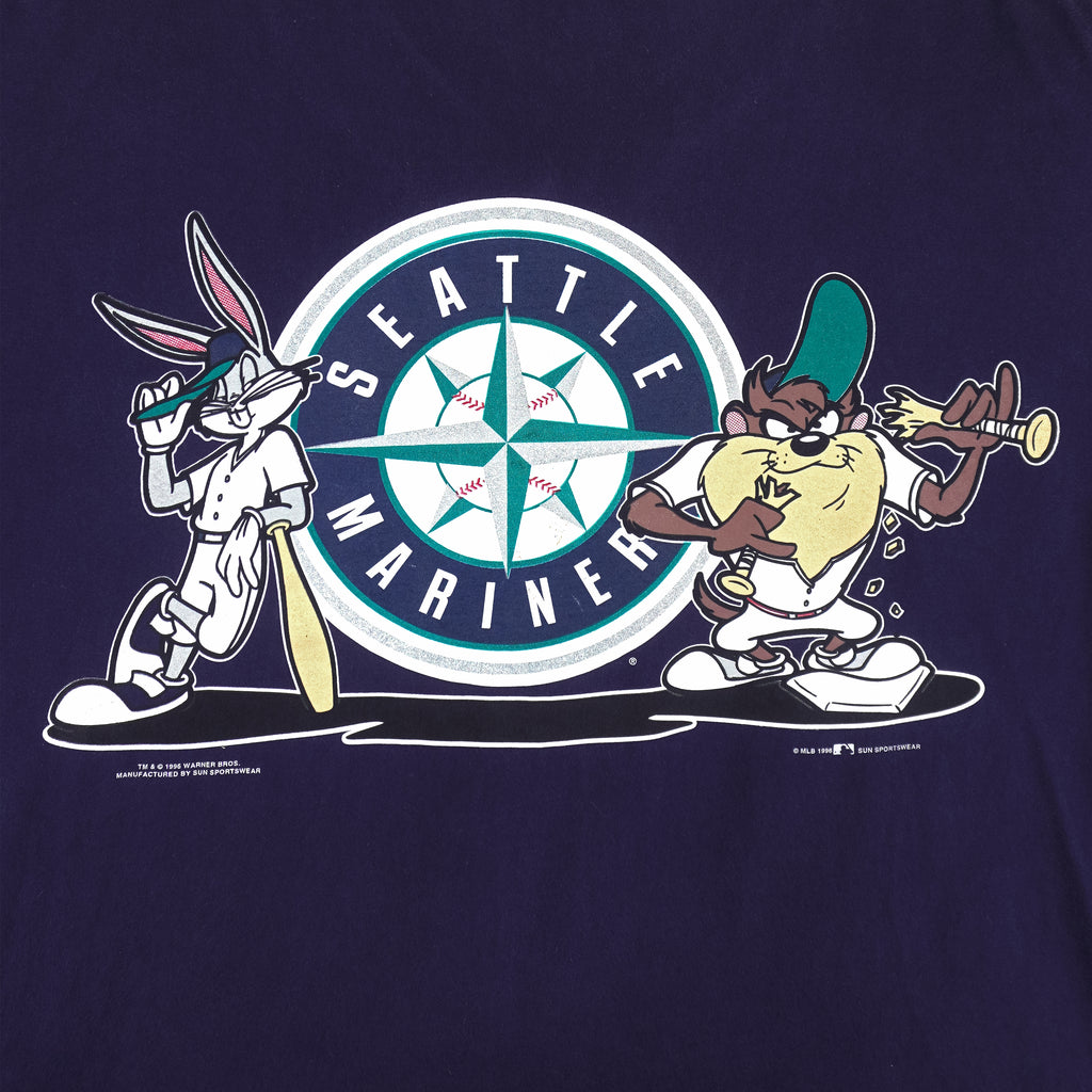 MLB (Sun) - Seattle Mariners x Bugs Bunny and Taz Button-Up Jersey T-Shirt 1996 X-Large Vintage Retro Baseball