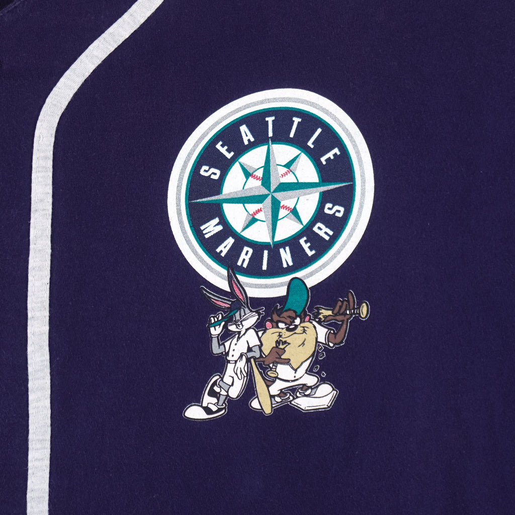 MLB (Sun) - Seattle Mariners x Bugs Bunny and Taz Button-Up Jersey T-Shirt 1996 X-Large Vintage Retro Baseball