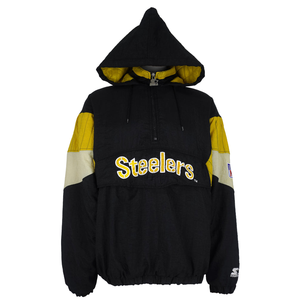 Starter - Pittsburgh Steelers Big Logo 1/4 Zip-Up Hooded Windbreaker 1990s Large Vintage Retro Football