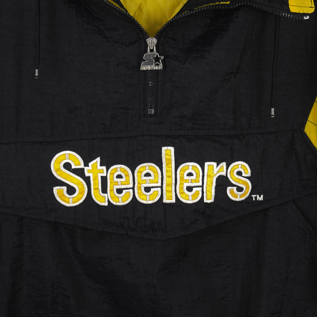 Starter - Pittsburgh Steelers Big Logo 1/4 Zip-Up Hooded Windbreaker 1990s Large Vintage Retro Football