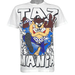 Looney Tunes - Taz Mania Warning Wild Thing All Over Print T-Shirt 1990s Large Vintage Retro