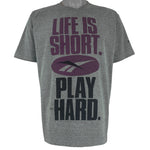 Reebok - Grey Life Is Short Play Hard T-Shirt 1990s Large Vintage Retro