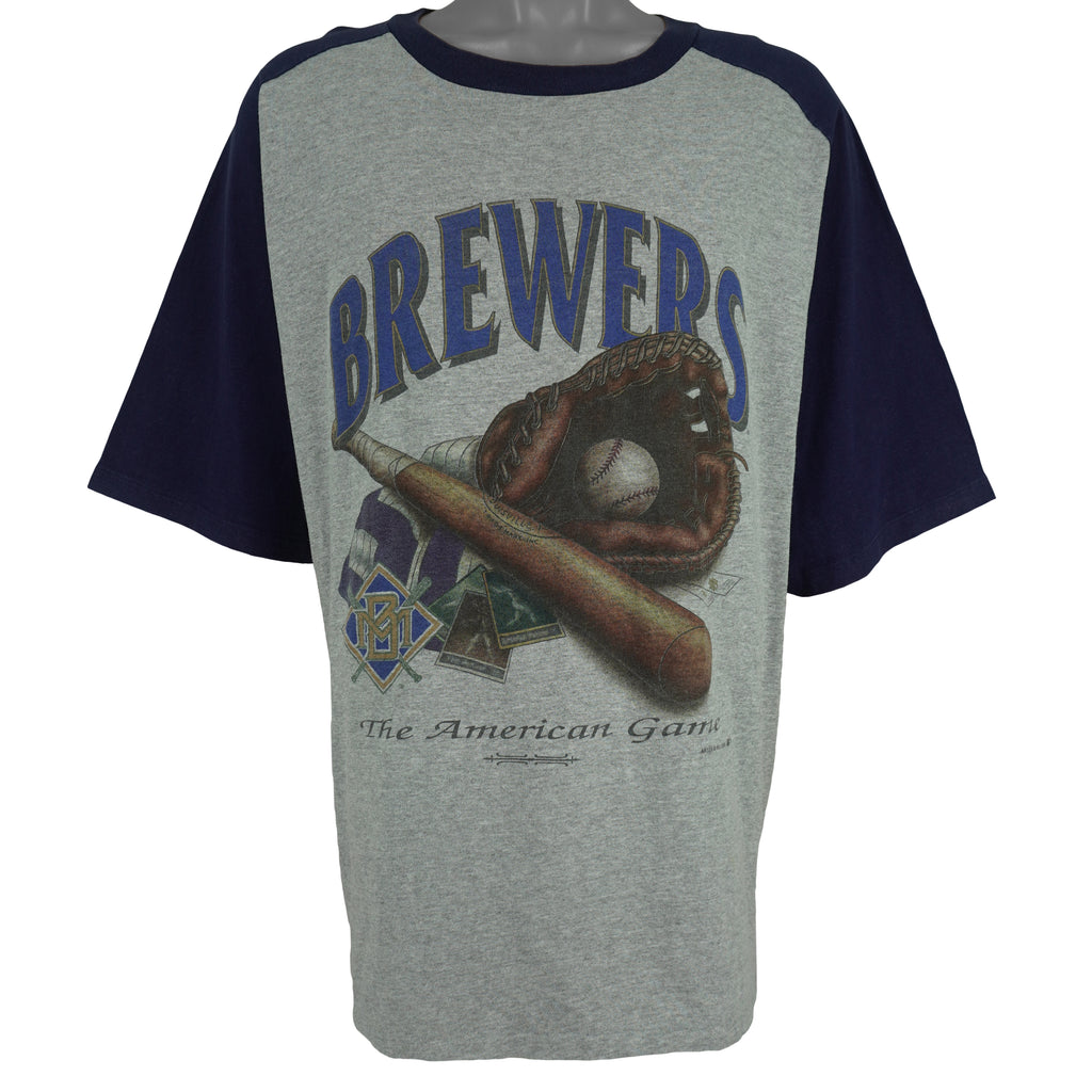 MLB (Artex) - Grey & Blue Milwaukee Brewers Single Stitch T-Shirt 1994 X-Large Vintage Retro Baseball