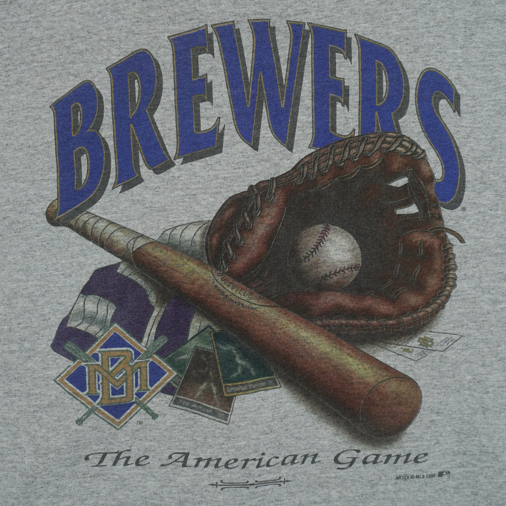 MLB (Artex) - Grey & Blue Milwaukee Brewers Single Stitch T-Shirt 1994 X-Large Vintage Retro Baseball