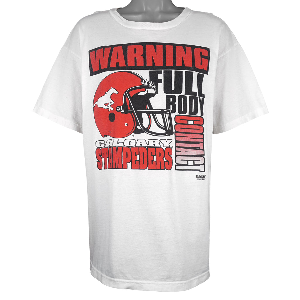 CFL (Delong) - Calgary Stampeders, Warning Full Body Contact T-Shirt 1995 X-Large Vintage Retro Football