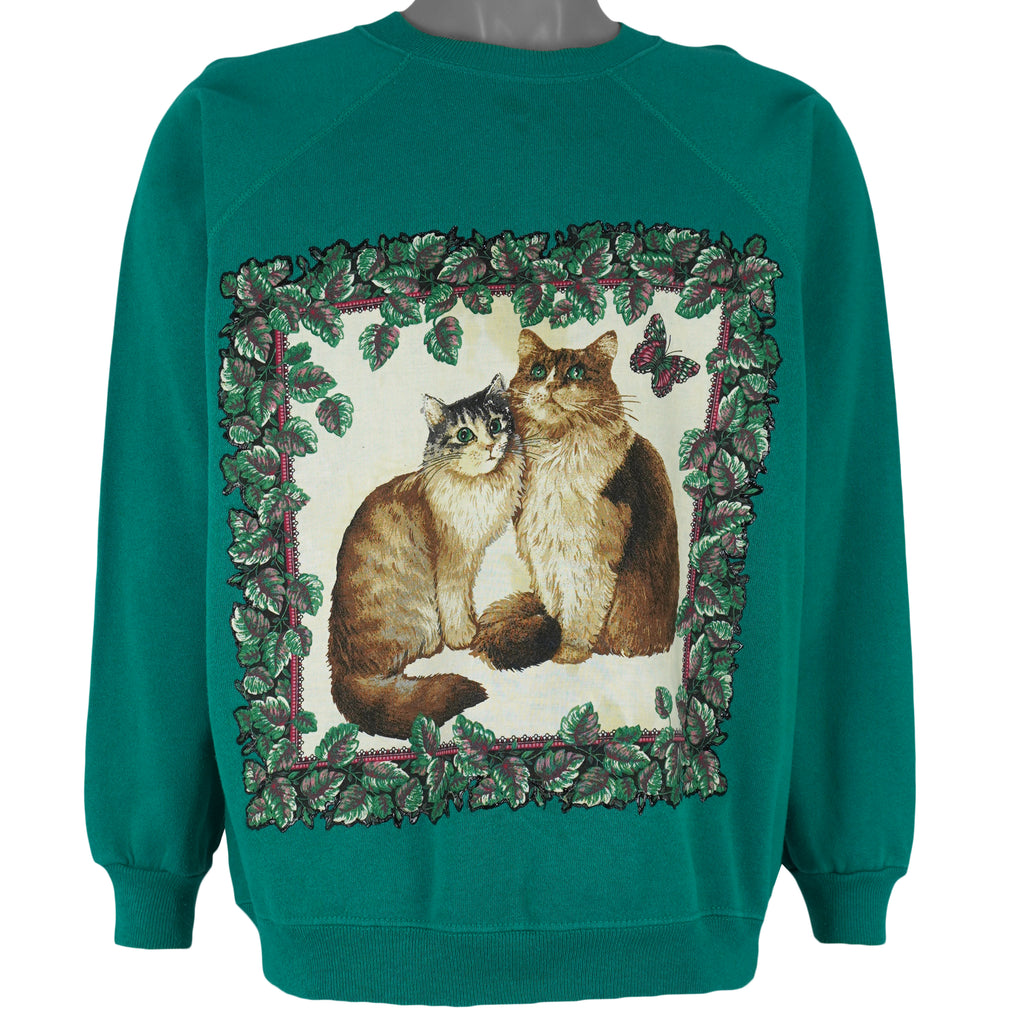 Vintage (Hanes) - Green Cats Crew Neck Sweatshirt 1990s X-Large Vintage Retro