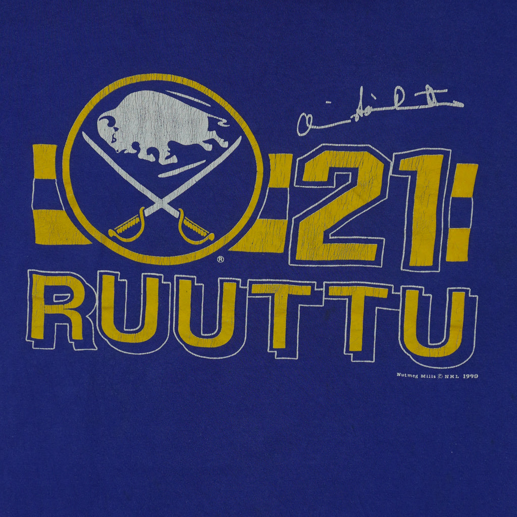 NHL (Nutmeg Mills) - Buffalo Sabres Christian Ruuttu Autographed T-Shirt 1990 X-Large Vintage Retro Hockey