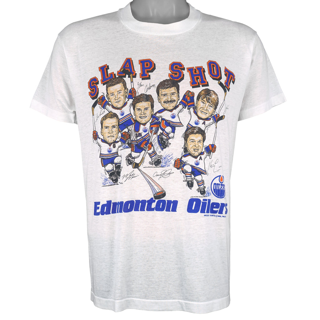 NHL (Screen Star) - Edmonton Oilers, Slap Shot Caricature T-Shirt 1990s Medium Vintage Retro Hockey