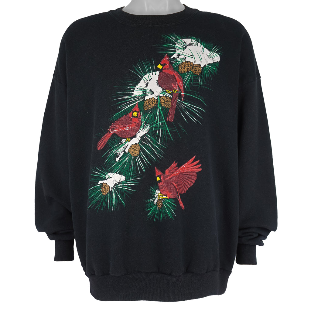 Vintage (Jerzees) - Cardinals in Snowy Pine Scene Crew Neck Sweatshirt 1990s XX-Large vintage retro