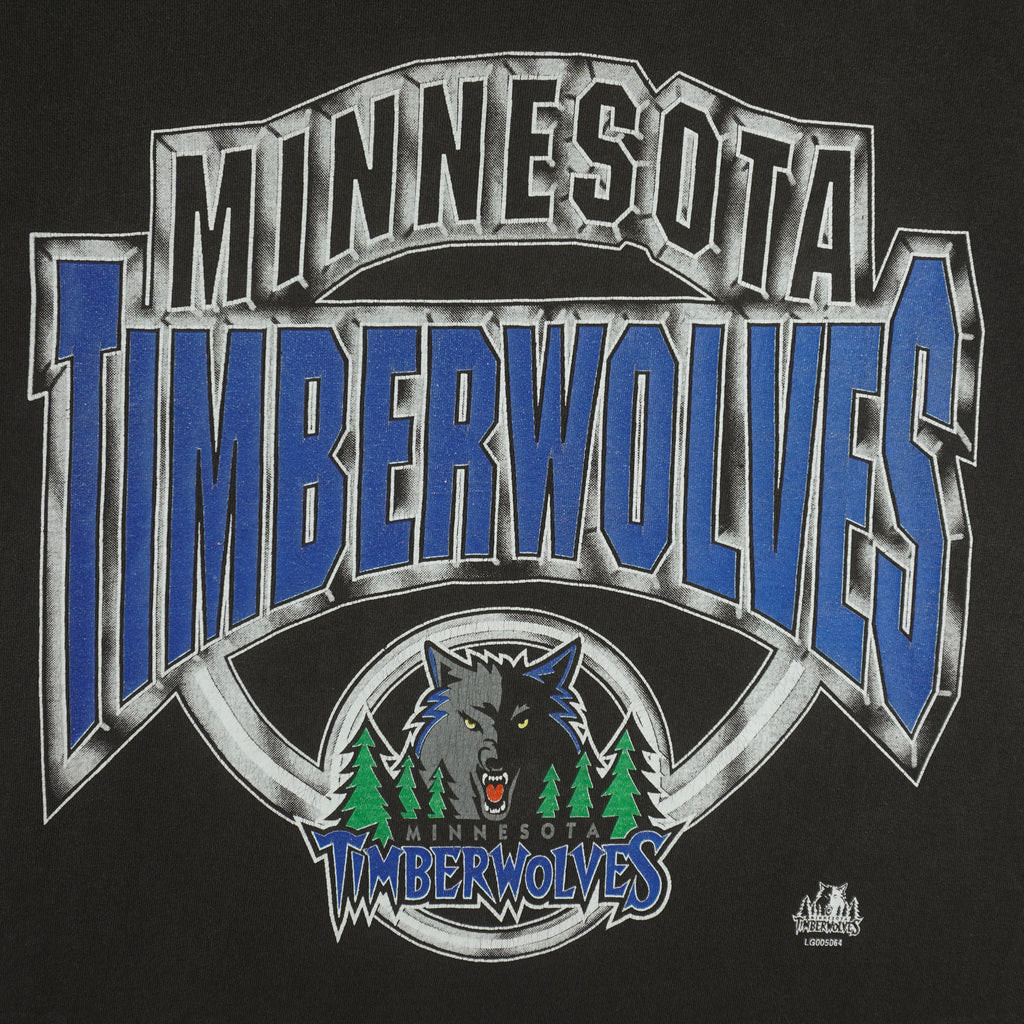 NBA (Logo Athletic) - Black Minnesota Timberwolves T-Shirt 1990s Large Vintage Retro Basketball