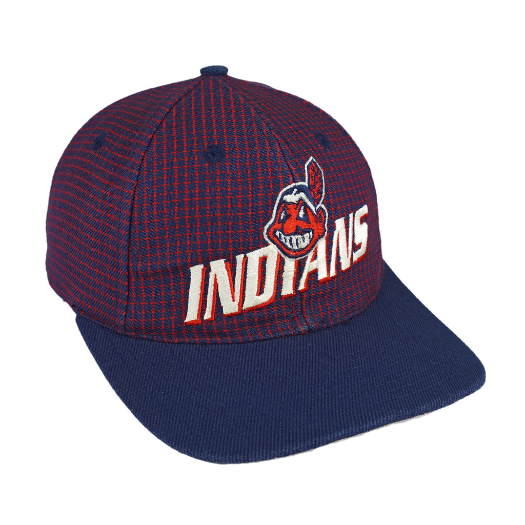 MLB (Logo Athletic) - Cleveland Indians Spell-Out Plaid Strapback Hat 1990s OSFA Vintage Retro Baseball