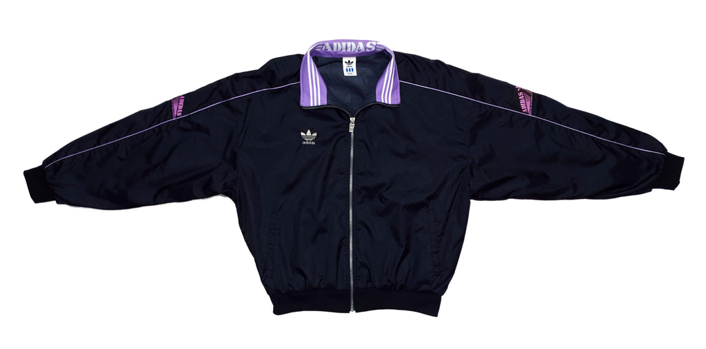 Adidas - Black with Purple Spell-Out Bomber Jacket 1990s Medium Vintage Retro