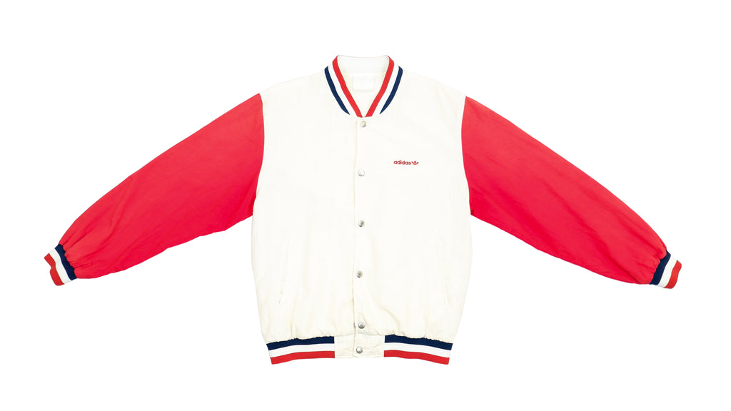 Adidas - White & Red Button Up Baseball Jacket 1990s Medium Vintage Retro