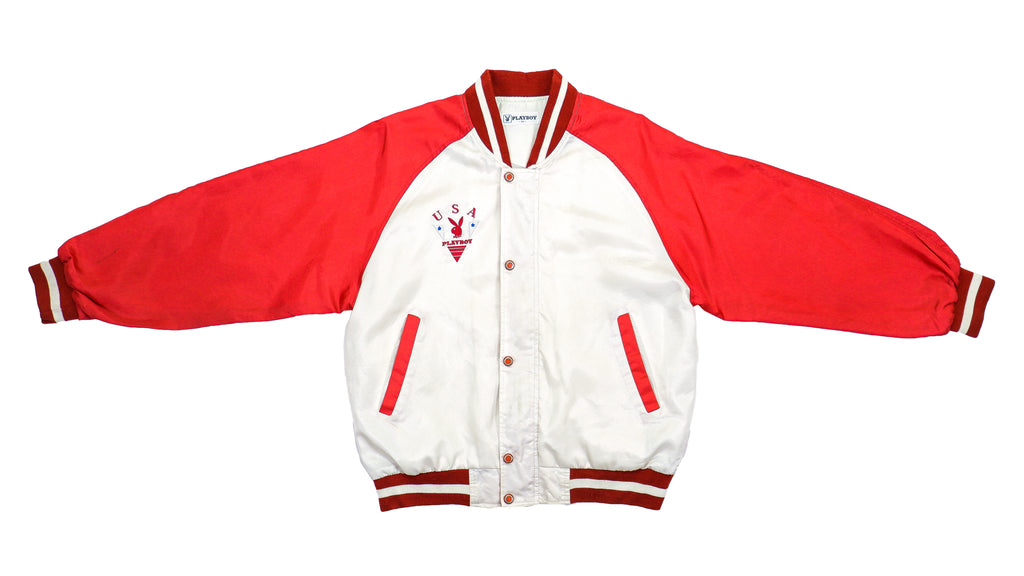 Playboy - White & Red Satin Bomber Jacket 1990s Medium Vintage Retro