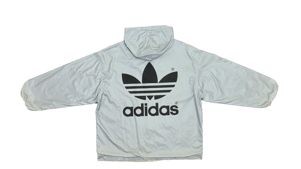 Adidas - Silver Big Logo Hooded Windbreaker 1990s Large Vintage Retro