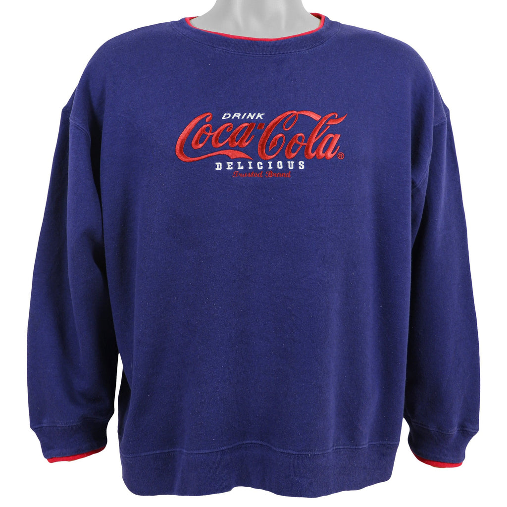 Vintage - Blue Coca-Cola Spell-Out Crew Neck Sweatshirt 1990s Large Vintage Retro